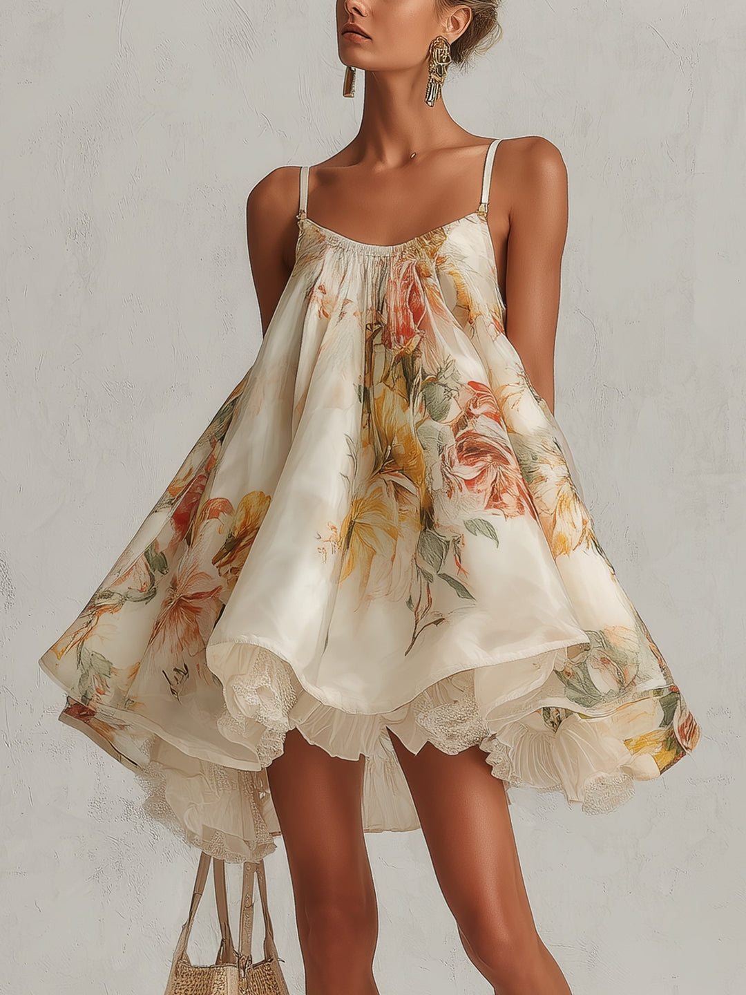 Bliss Floral Mini Dress in beige