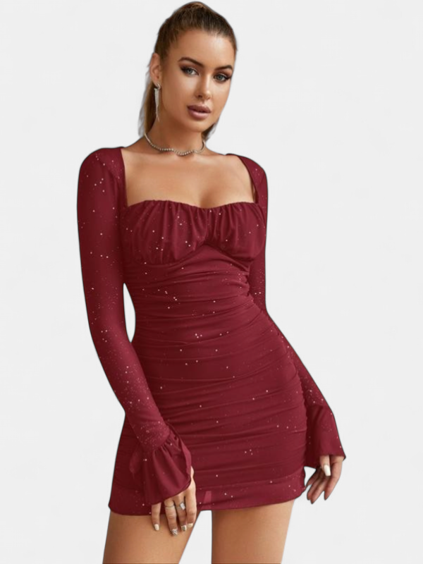 Ellie Glitter Mesh Bodycon Long in burgundy