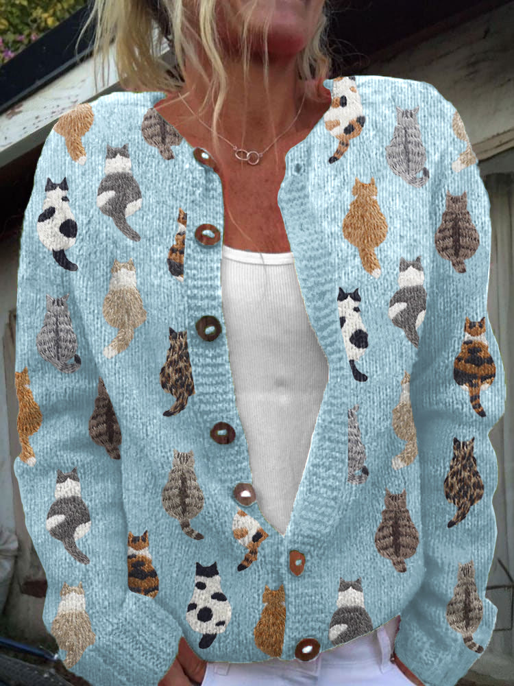Lottara Cat Print Cardigan in blue
