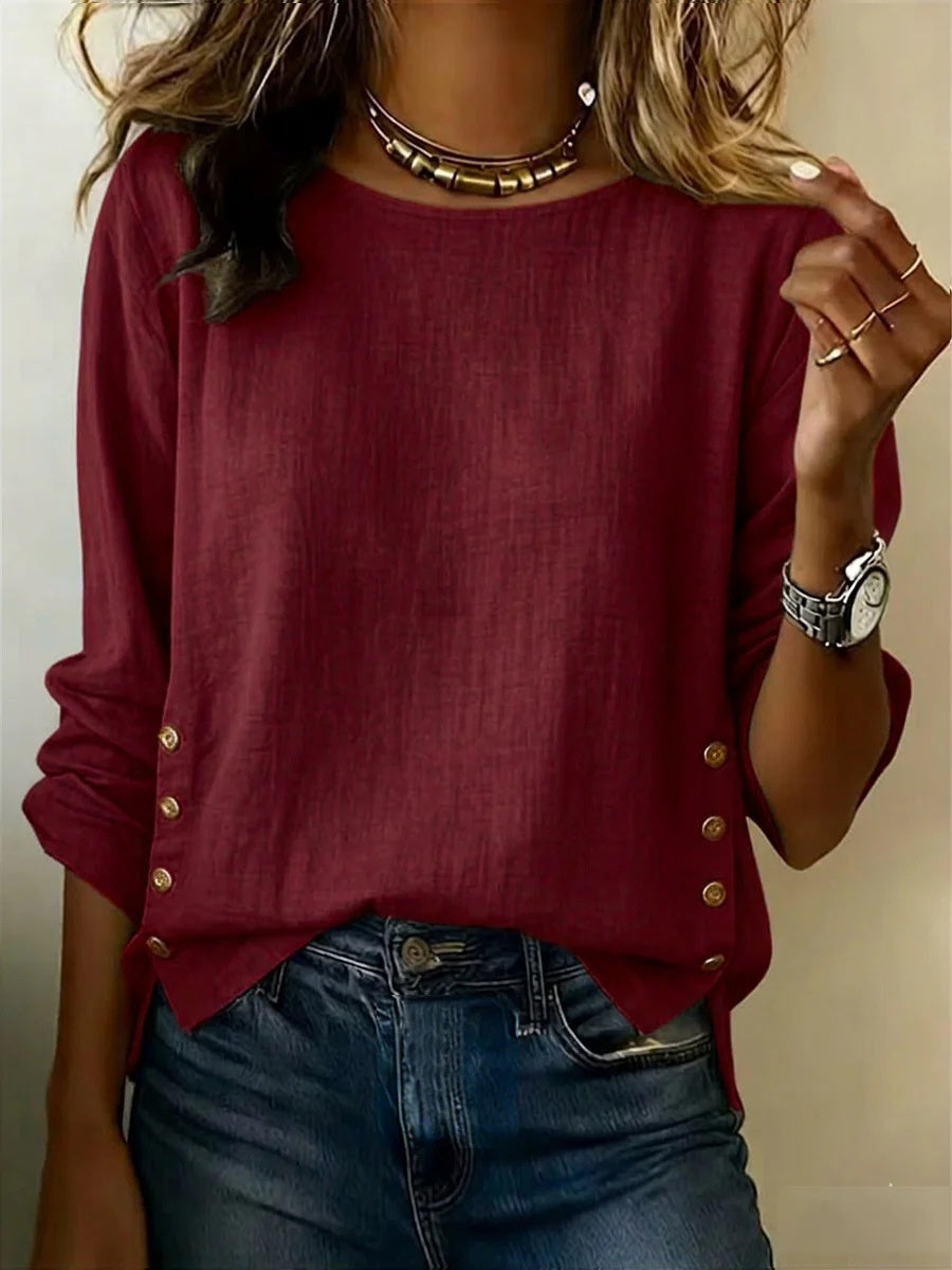 Norah Side Button Linen Top in burgundy