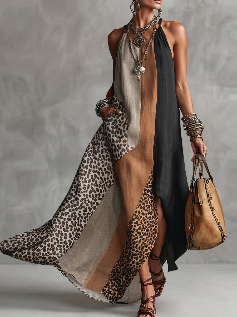 Myrna Leopard Halter Maxi Dress in leopard