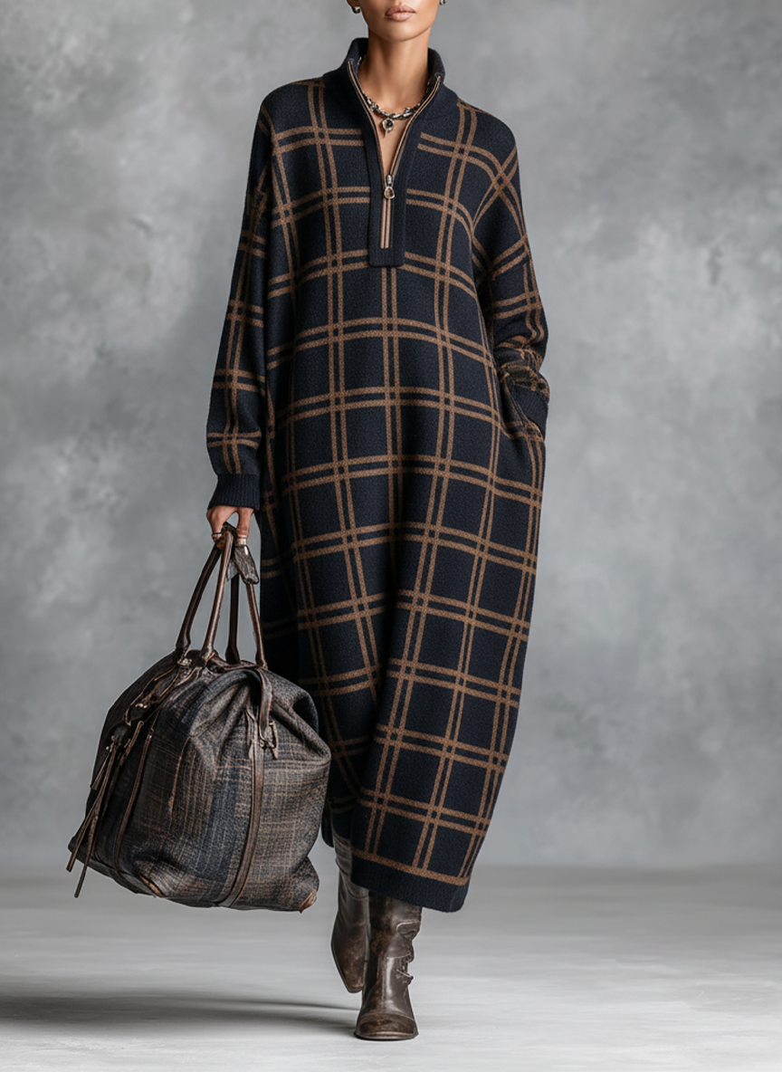 Kaja Plaid Half-zip Knit Maxi