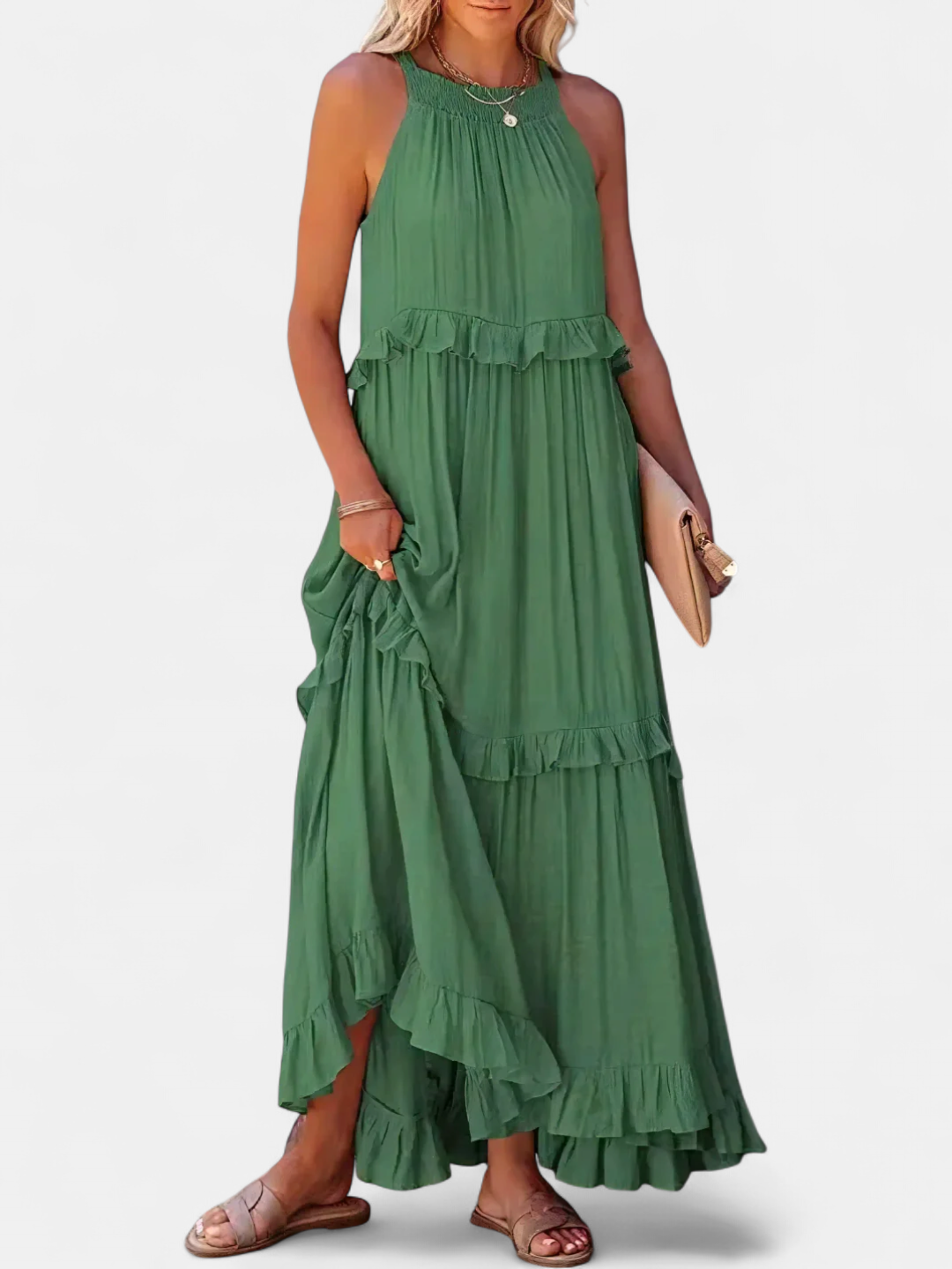 Cherry Flow Flutter Maxi Dress in green