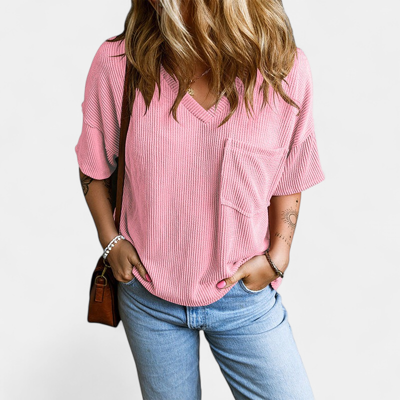 Janelle Textured Pocket V-neck Tee in hot pink