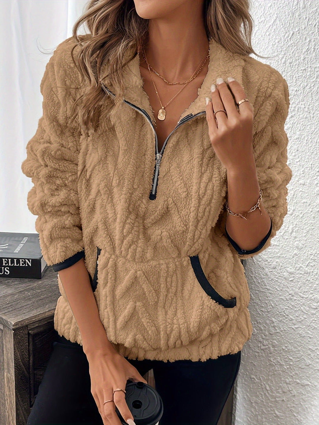 Briella Fuzzy Half-zip Sweatshirt in khaki