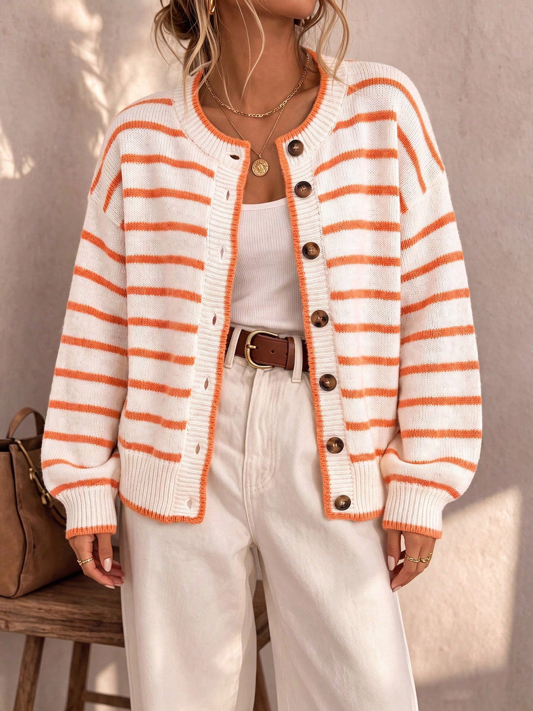 Mabel Striped Knit Cardigan in white orange