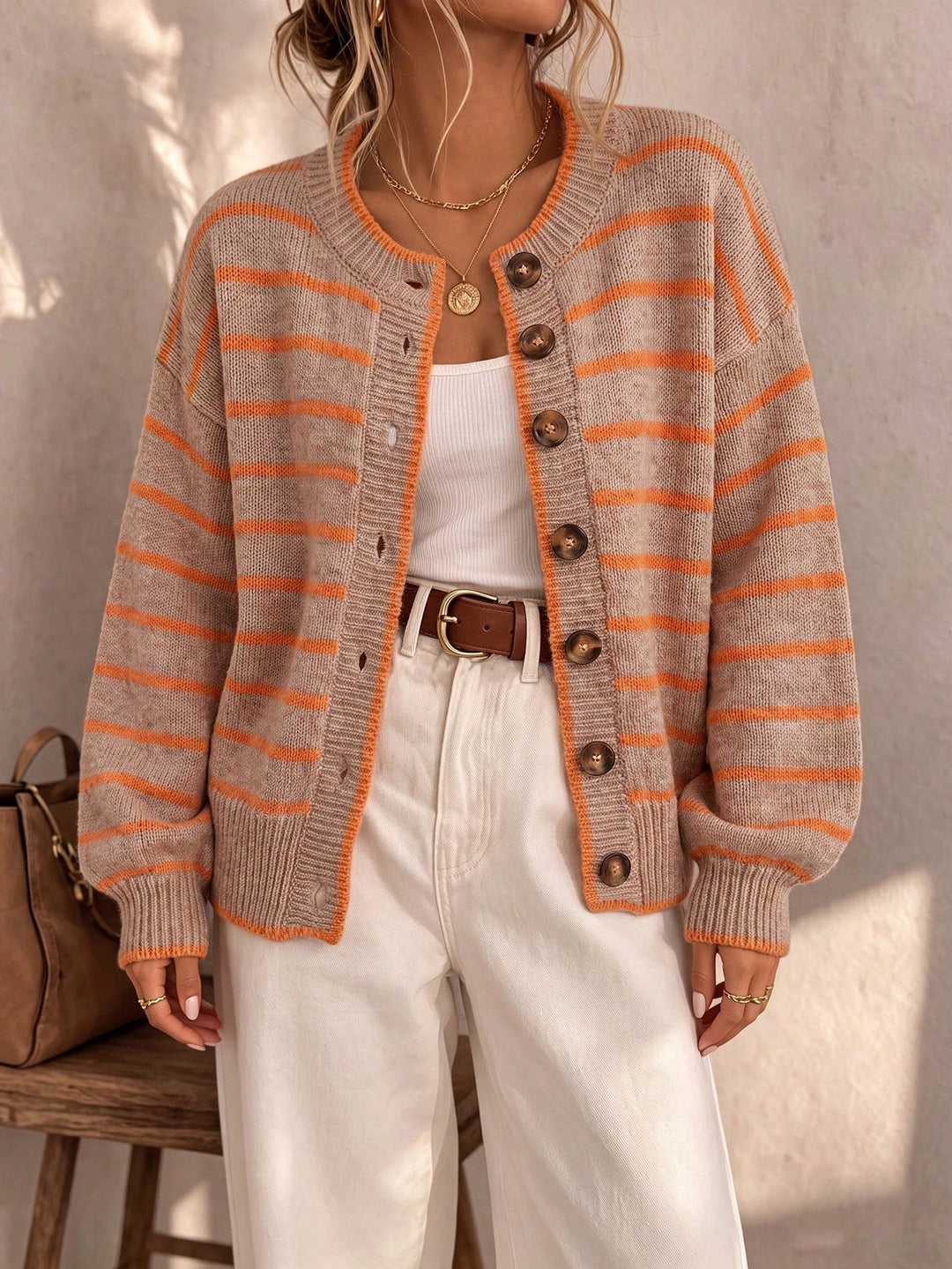 Mabel Striped Knit Cardigan in beige orange