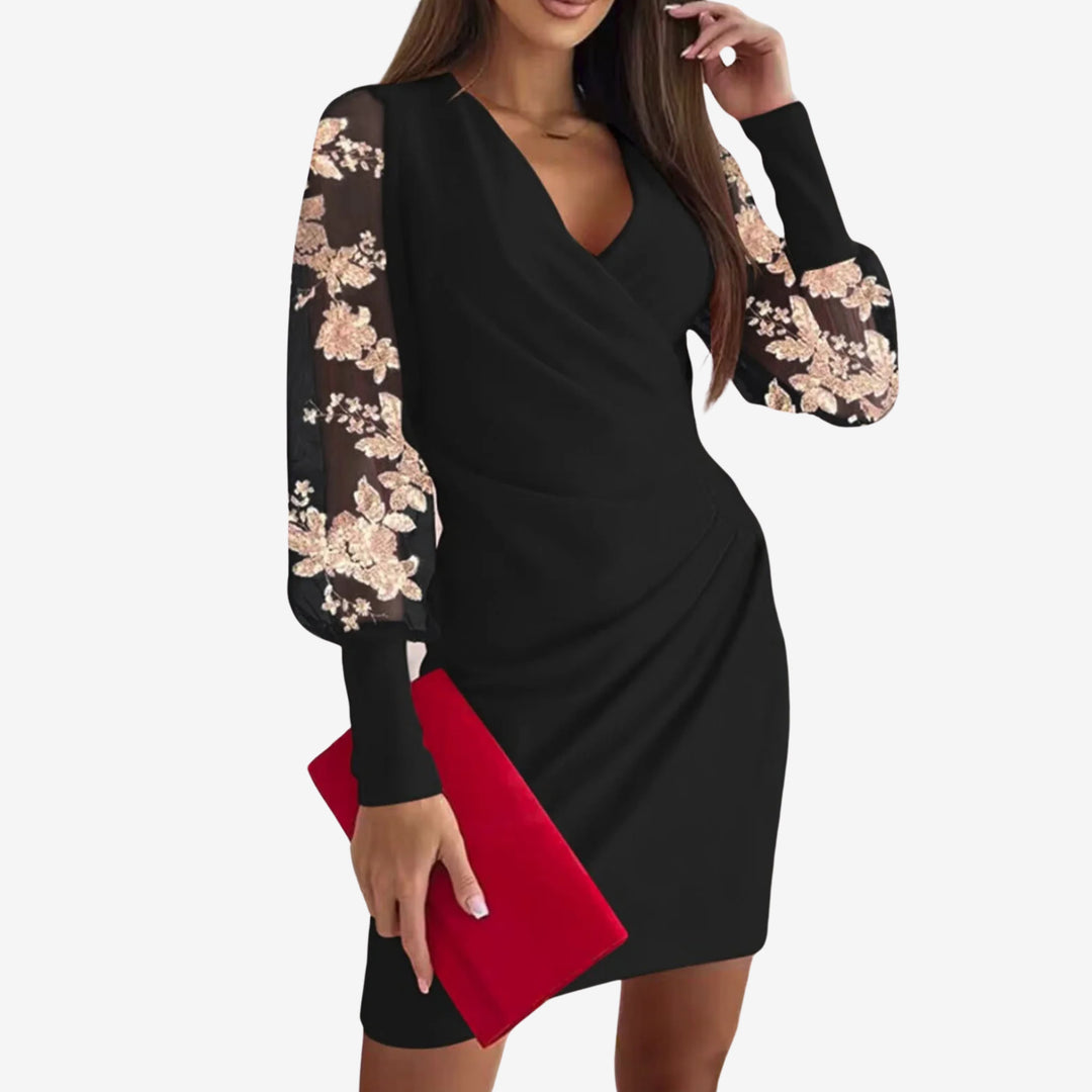 Zara V-neck Lace Wrap Dress in black (floral sleeve)