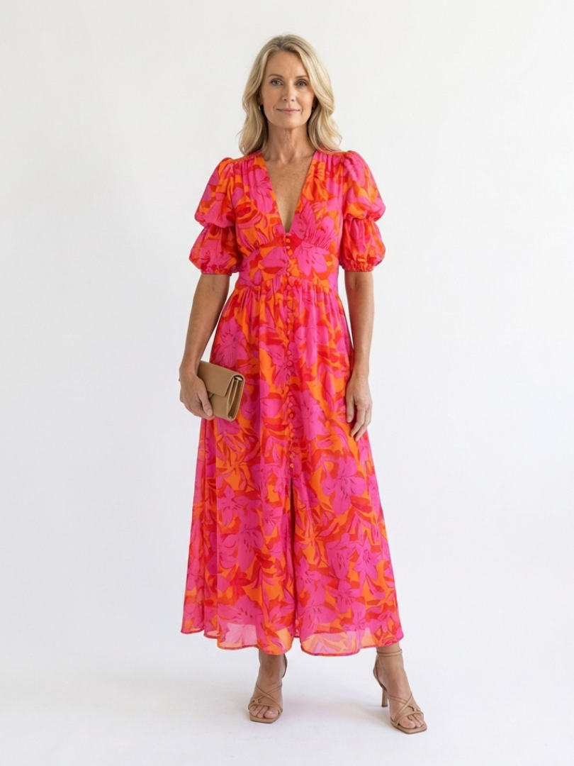 Willow Floral V Neck Puff in pink