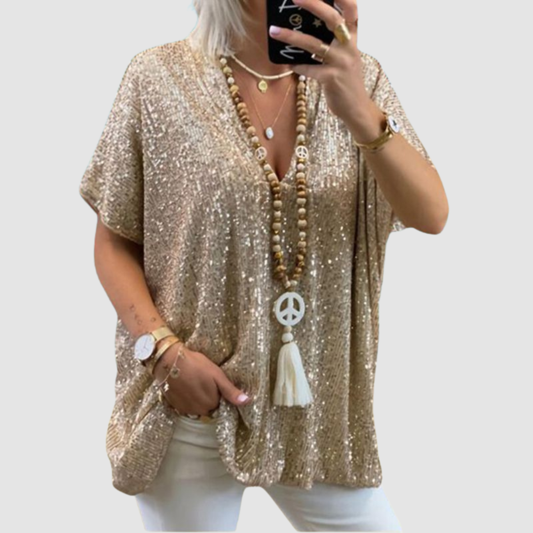 Fayne V-neck Sequin Top in gold