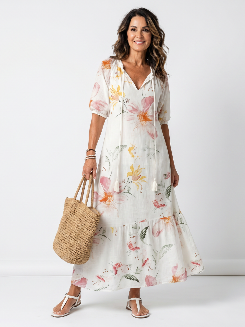 Noa Floral Tiered Tassel Midi in white