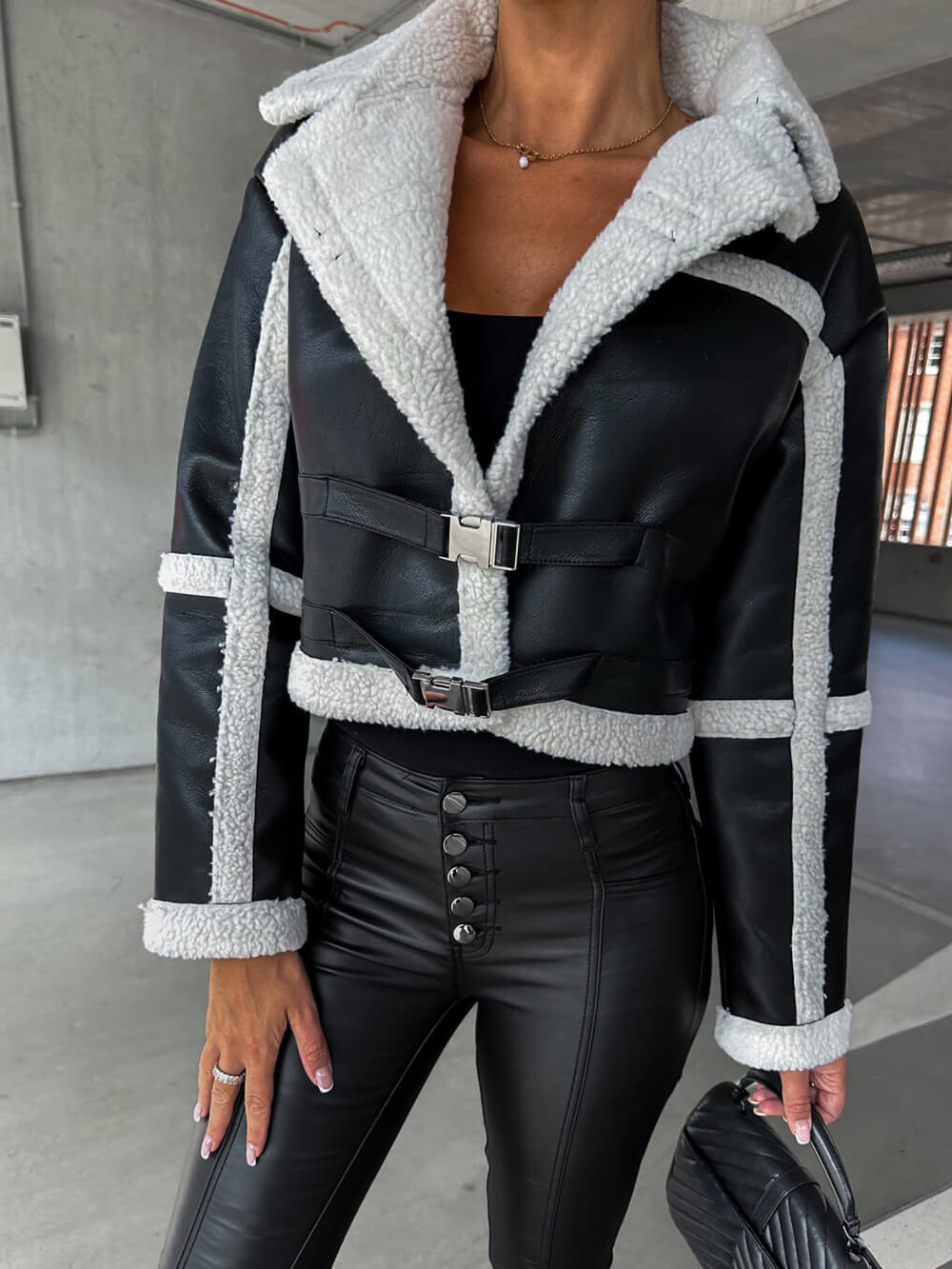 Faux Leather Jacket in black ecru