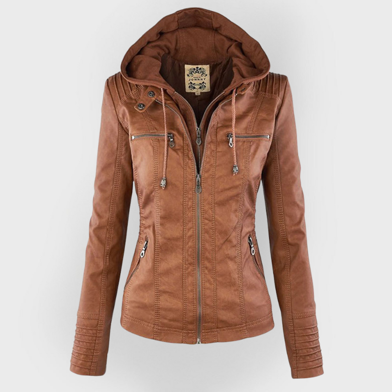 Cecille Leather Jacket with Hood in light brown