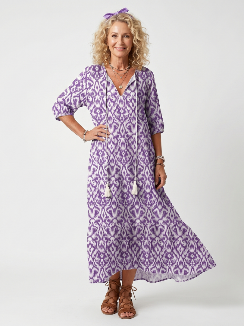 Penelope Printed Tassel Tie Midi in purple