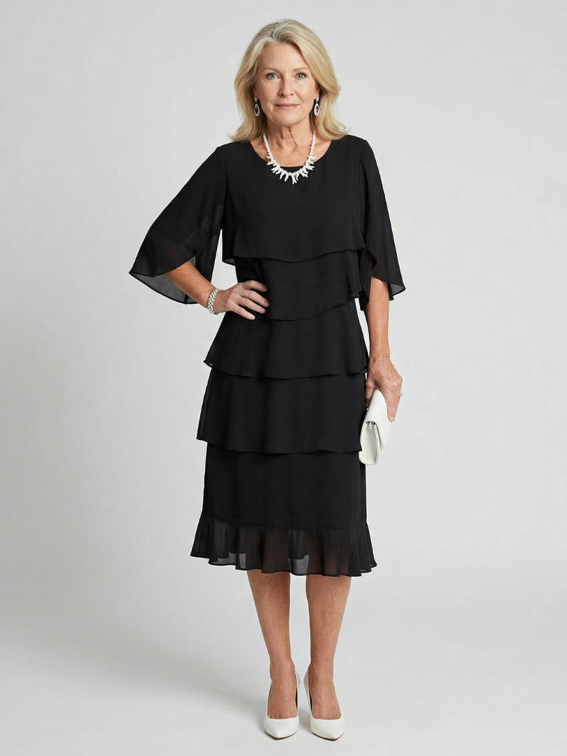 Brent Layered Tier Midi Dress in black