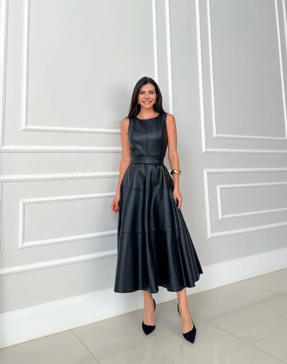 Tanya Sleek Faux Leather Midi in black