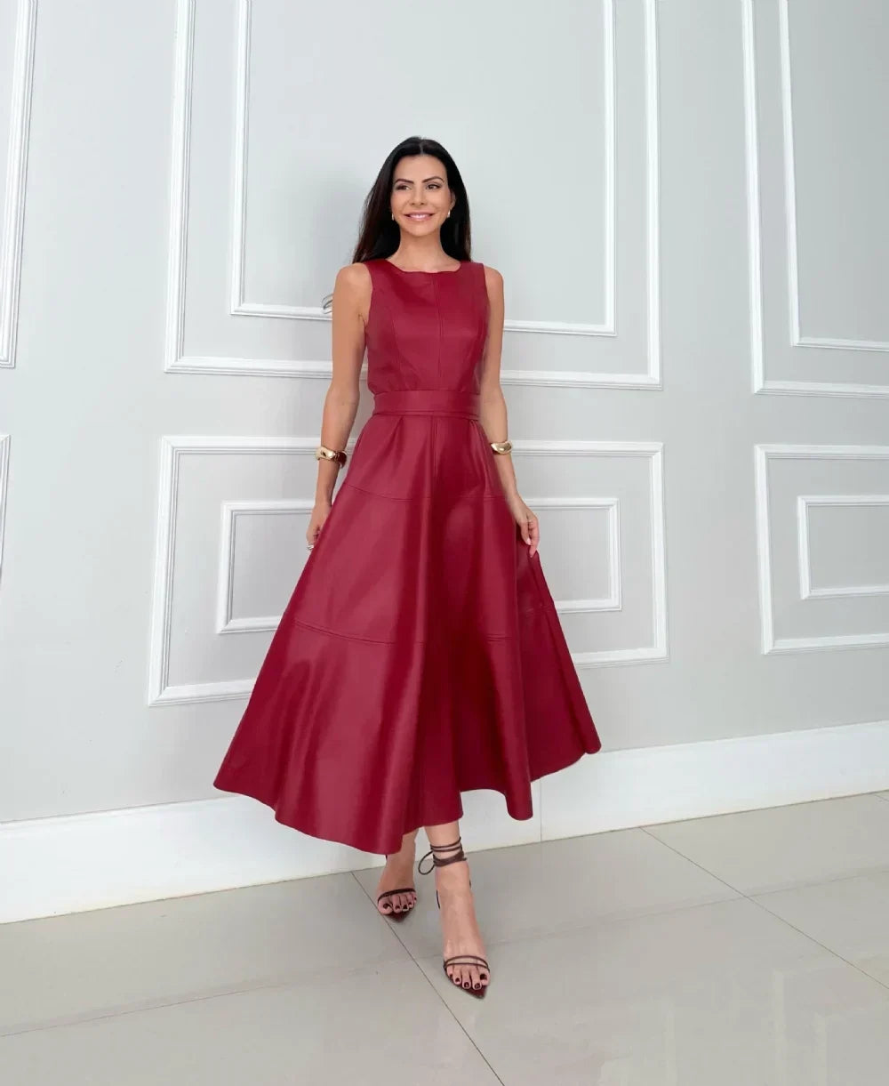 Tanya Sleek Faux Leather Midi in red