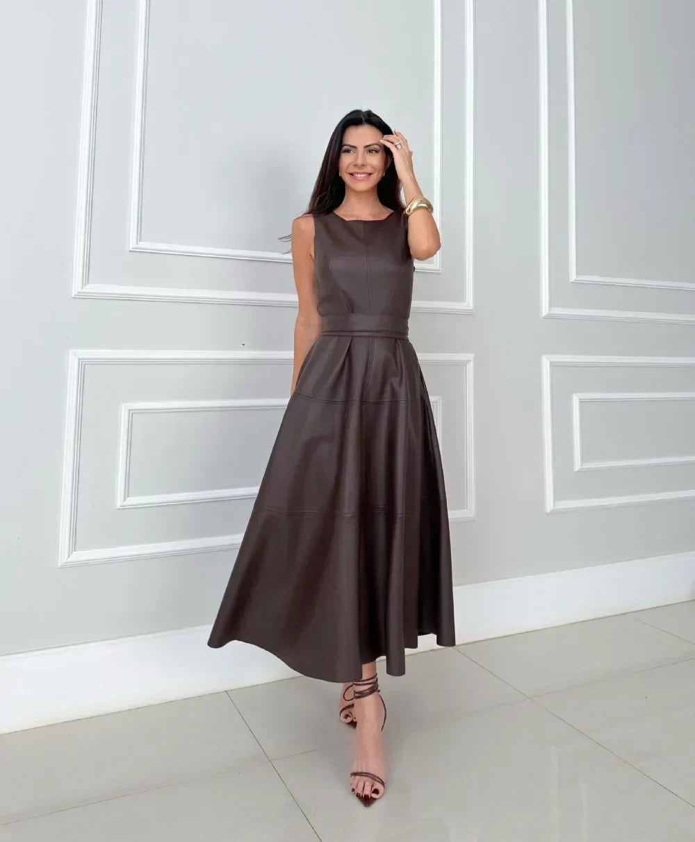 Tanya Sleek Faux Leather Midi in dark brown