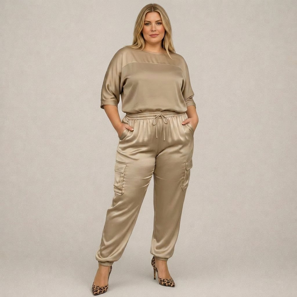 Cleo Loose Satin Cargo Set in gold