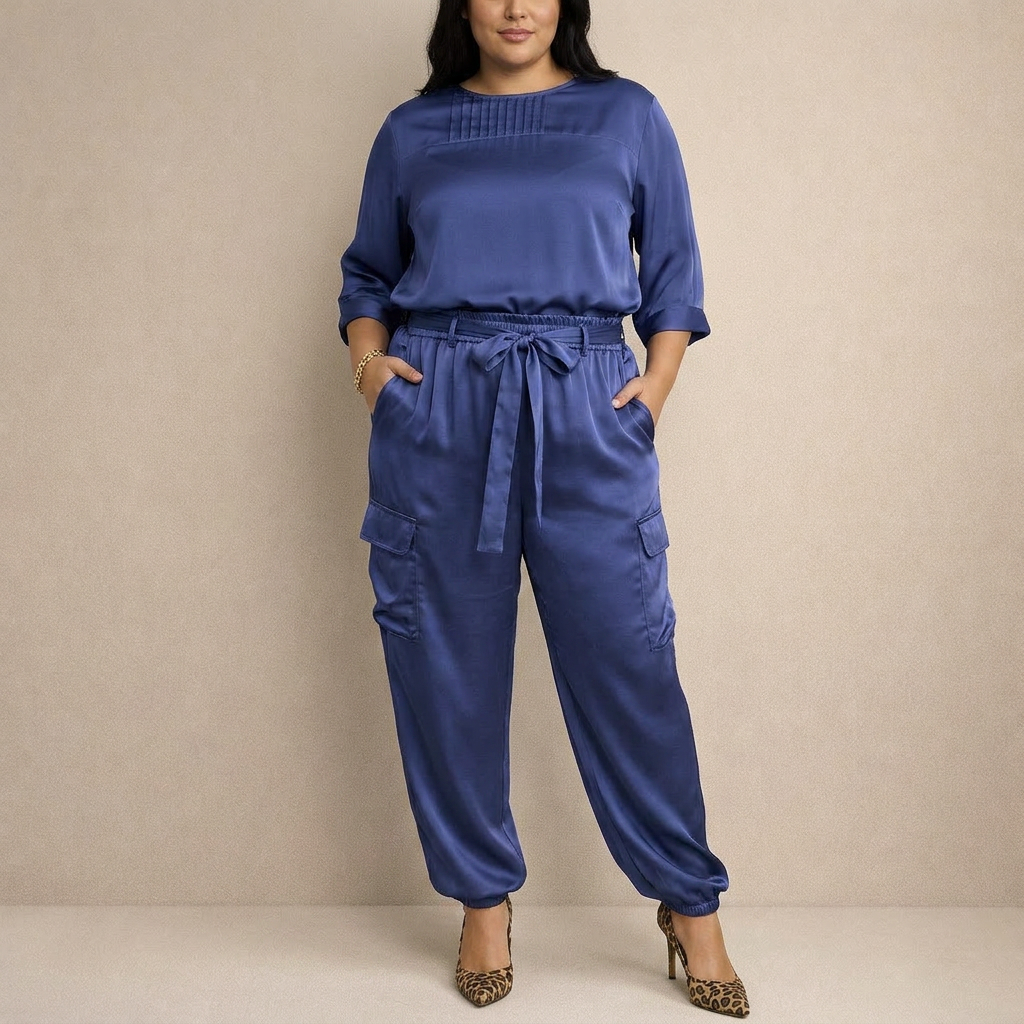 Cleo Loose Satin Cargo Set in blue