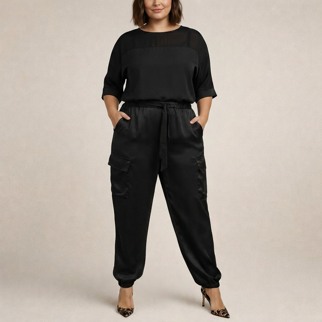 Cleo Loose Satin Cargo Set in black