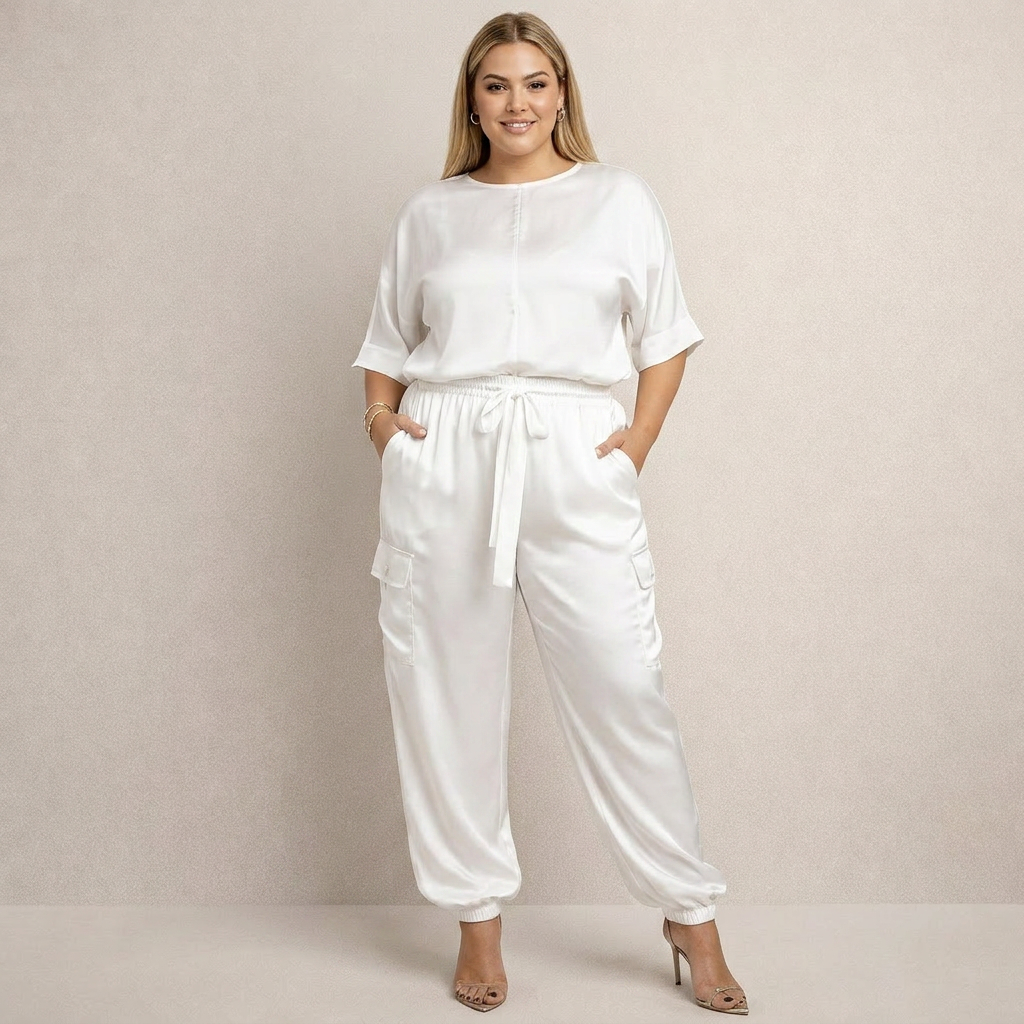 Cleo Loose Satin Cargo Set in white