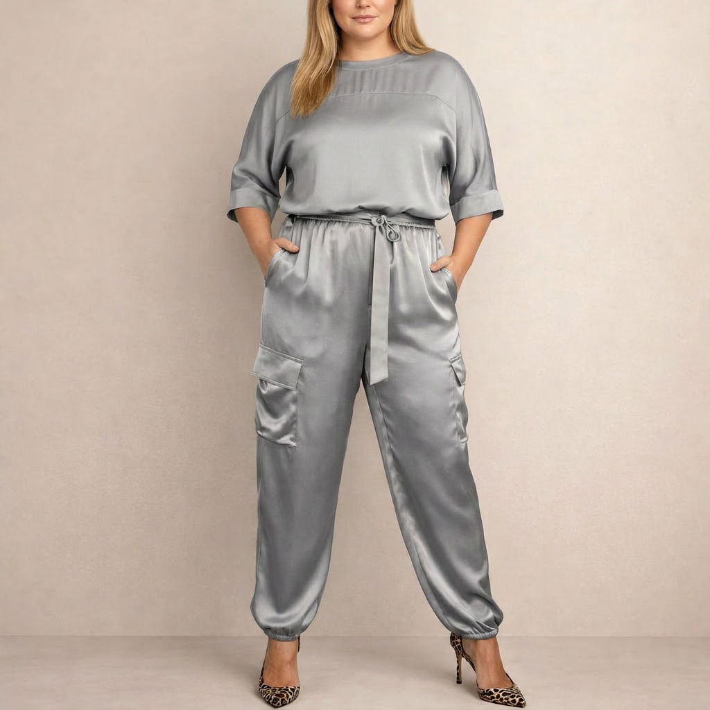 Cleo Loose Satin Cargo Set in gray