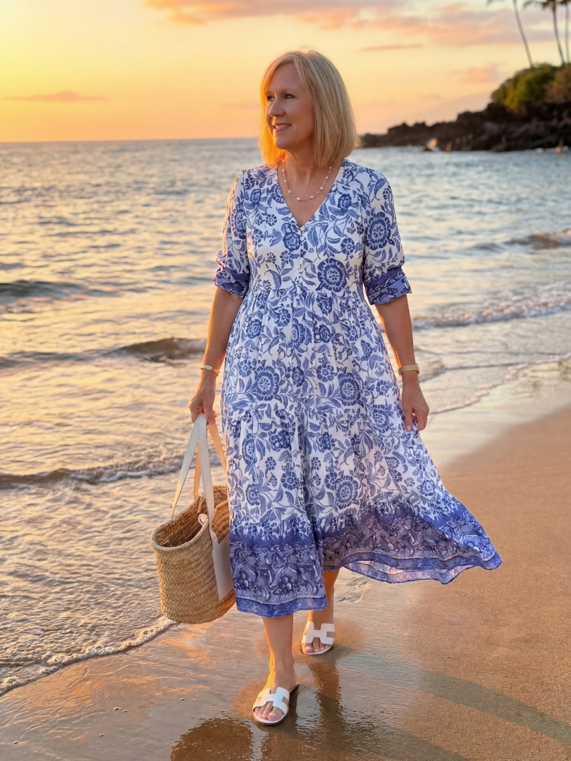 Nalani Porcelain Midi Dress in blue