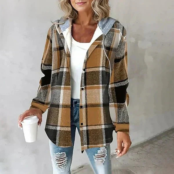 Lorenza Checkered Hooded Jacket in brown