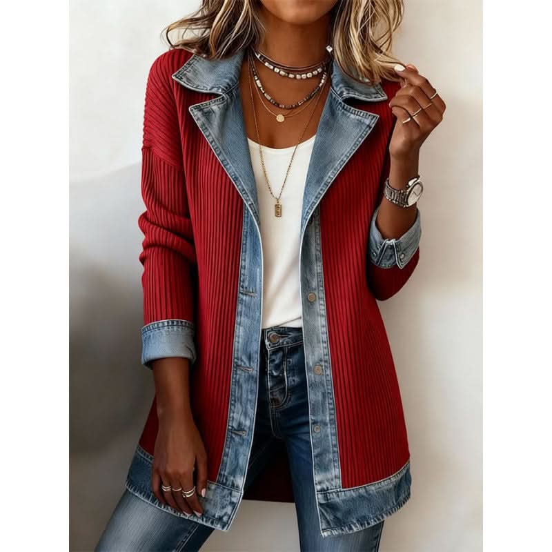 Casual Denim Trim Jacket in red