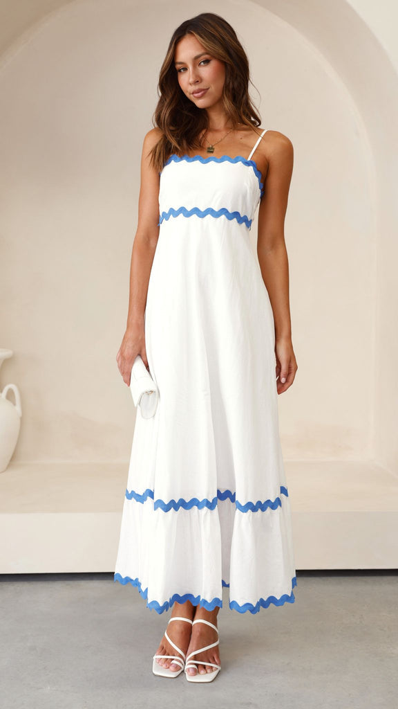 Clara Long Dress That Accents in white and blue