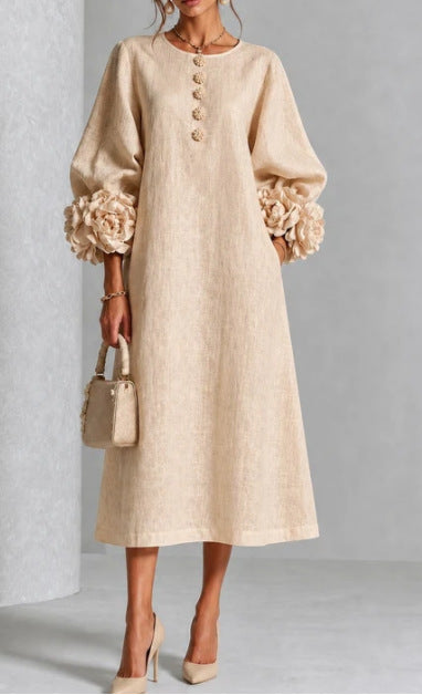 Ivy Floral Midi Dress with Rose-cuff Sleeves in beige