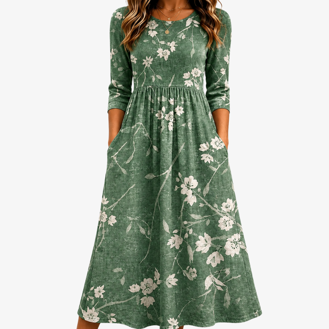 Evergreen Bloom Pocket Midi Dress