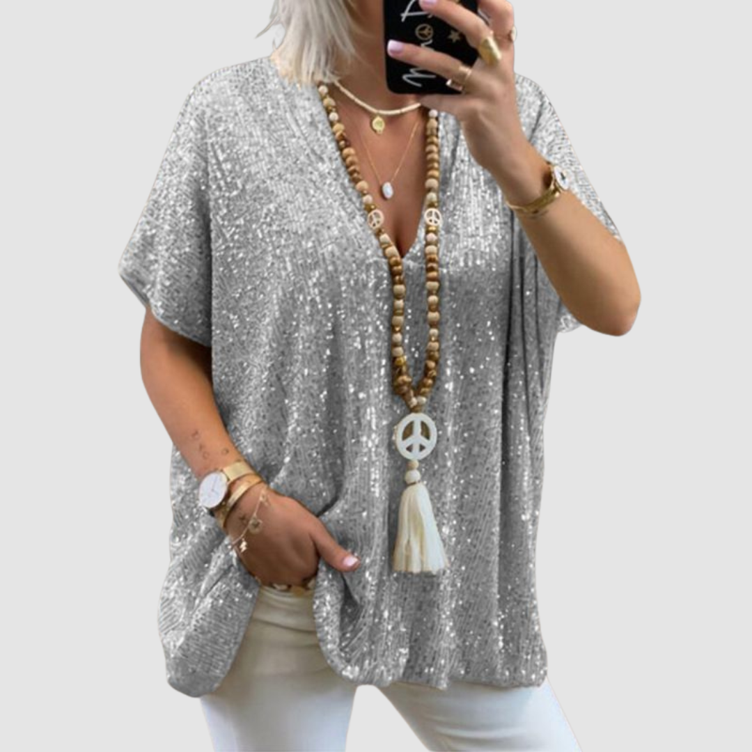 Fayne V-neck Sequin Top in silver