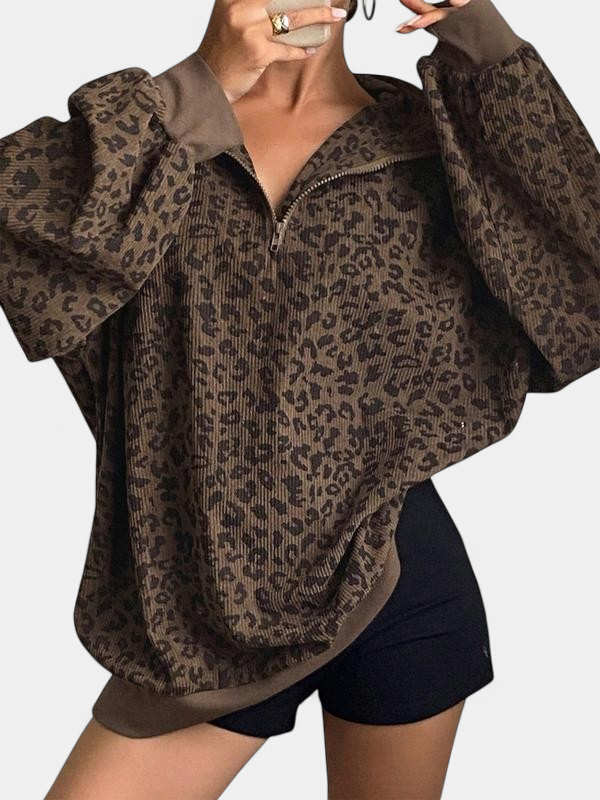 Savannah Leopard Print Zip-up Sweatshirt in brown