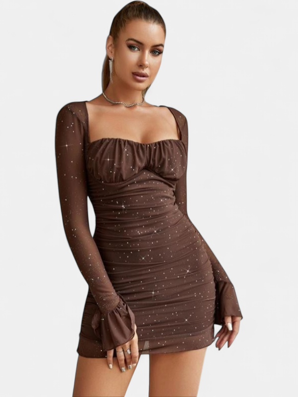 Ellie Glitter Mesh Bodycon Long in brown