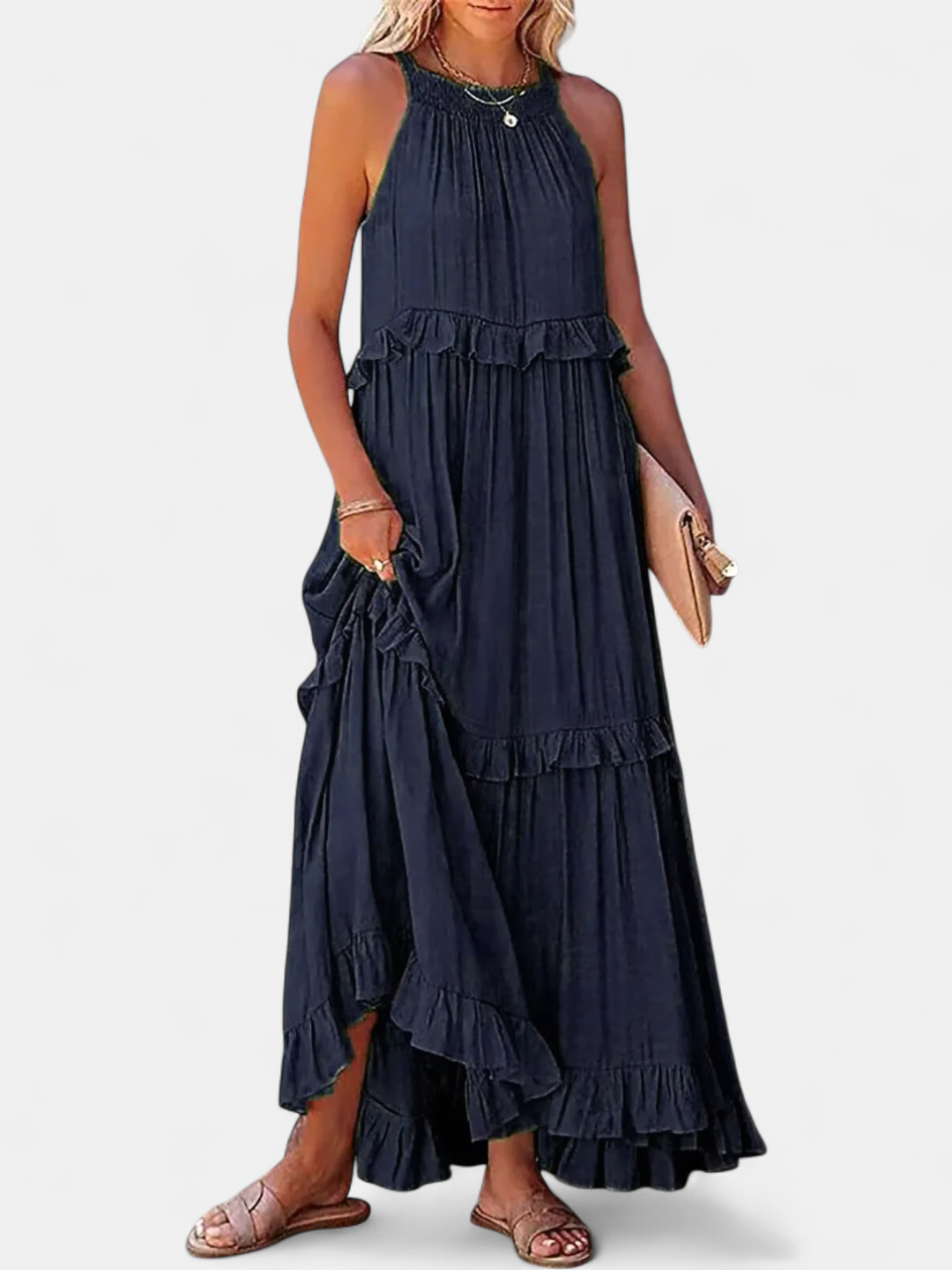 Cherry Flow Flutter Maxi Dress in navy blue