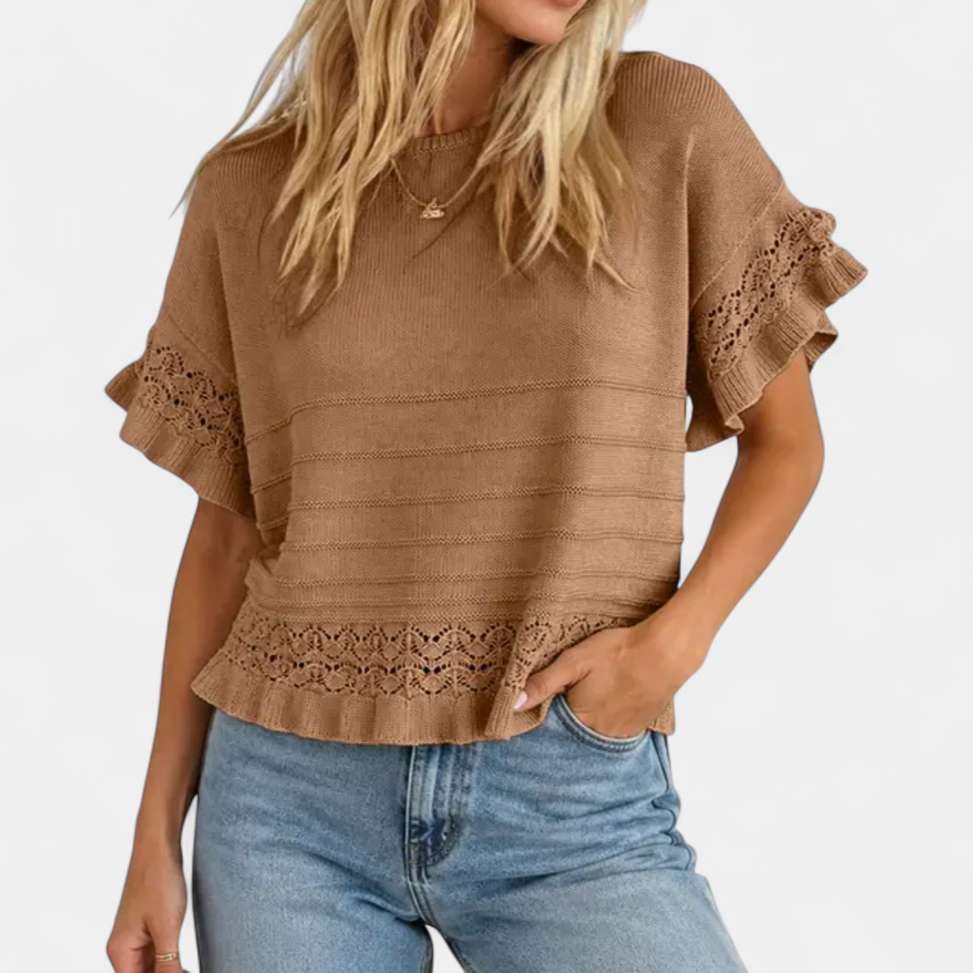 Nella Ruffled Hem Knit Pullover in brown