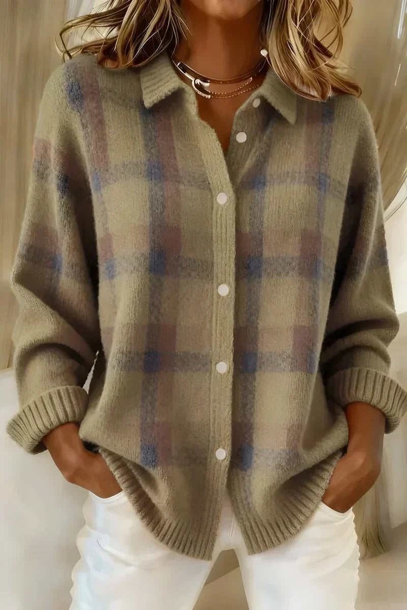 Taylor Cozy Checked Knit Cardigan in brown