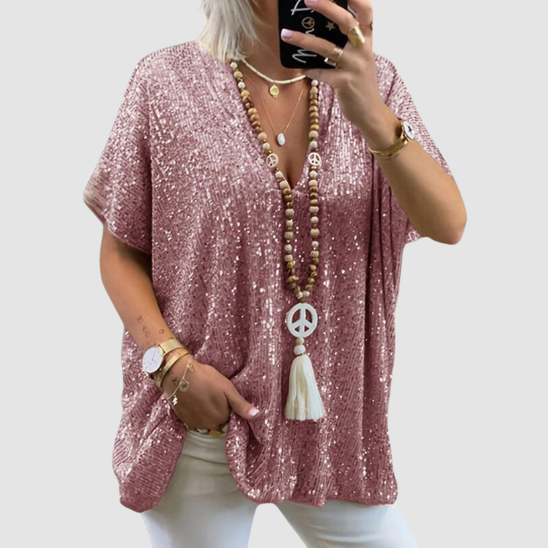 Fayne V-neck Sequin Top in pink