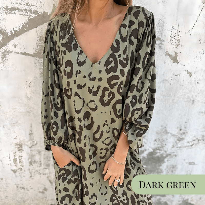 Claudine Leopard Safari Dress in dark green