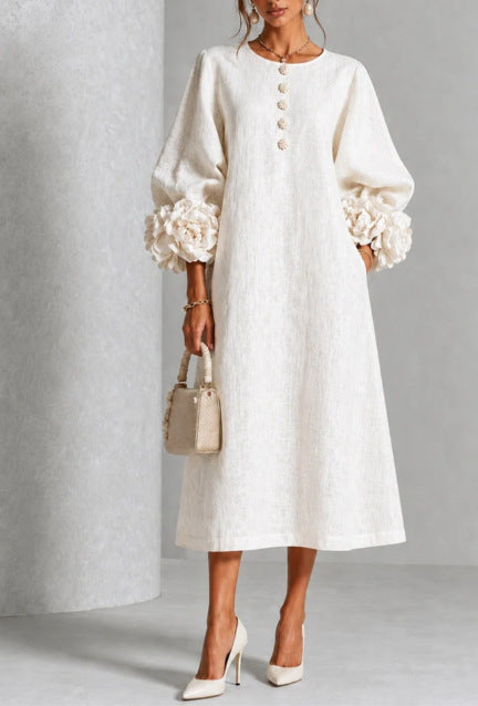 Ivy Floral Midi Dress with Rose-cuff Sleeves in white