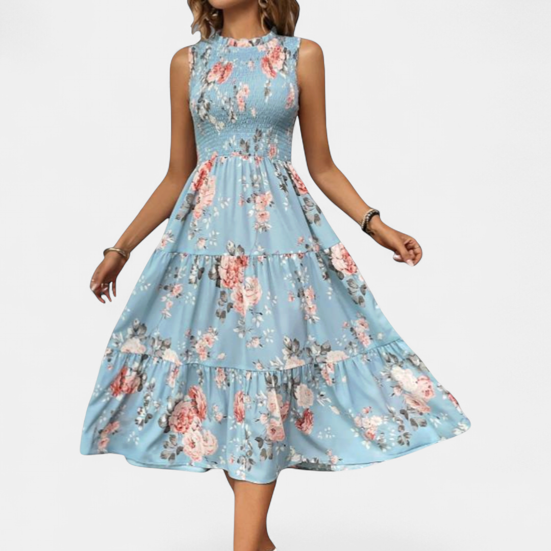 Elowen Boho Floral Ruched Midi in blue