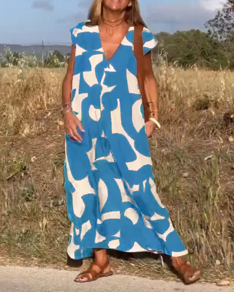 Amelia Printed V-neck Dress in blue