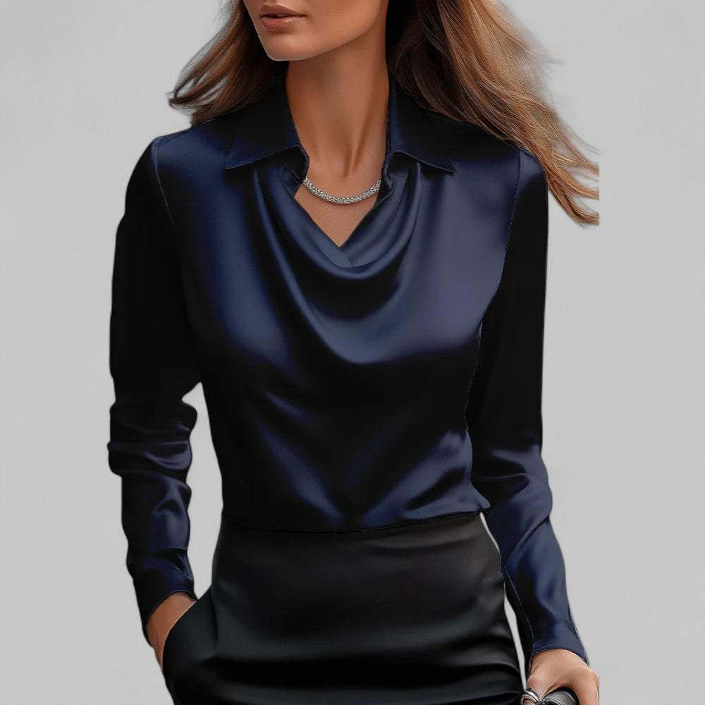Rose Draped Satin Blouse in navy blue