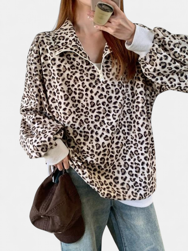 Savannah Leopard Print Zip-up Sweatshirt in beige