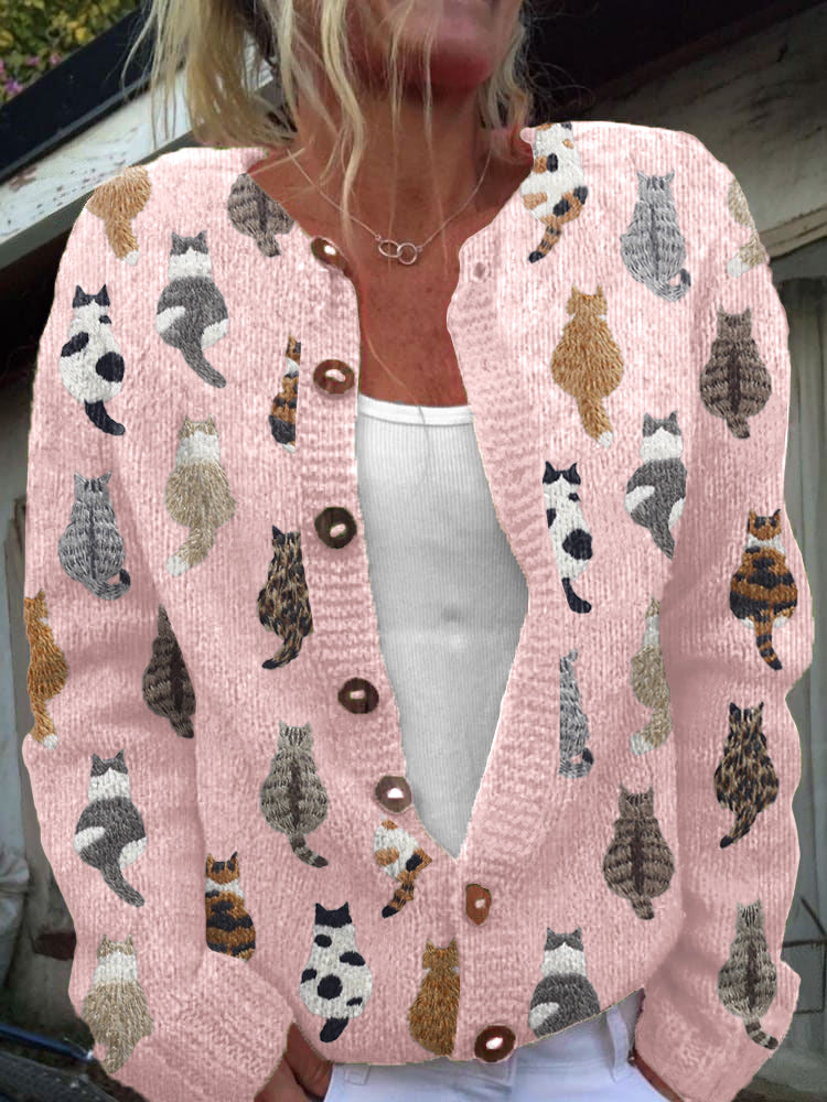 Lottara Cat Print Cardigan in pink