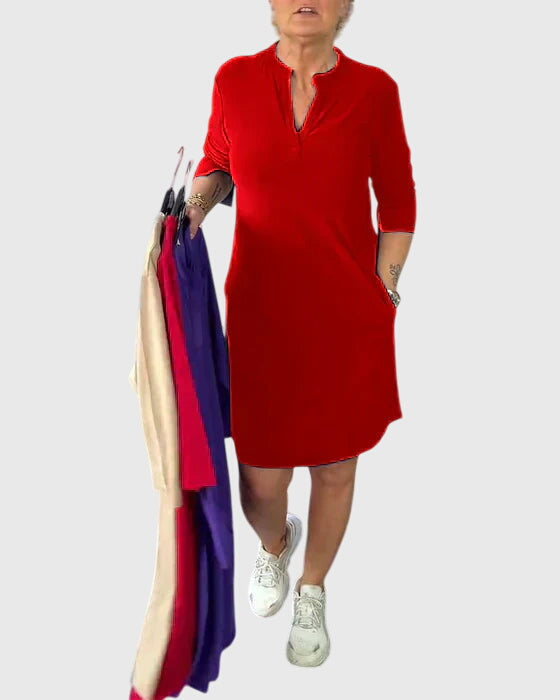 Katherine Solid V-neck Dress in red