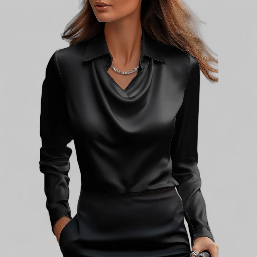 Rose Draped Satin Blouse in black