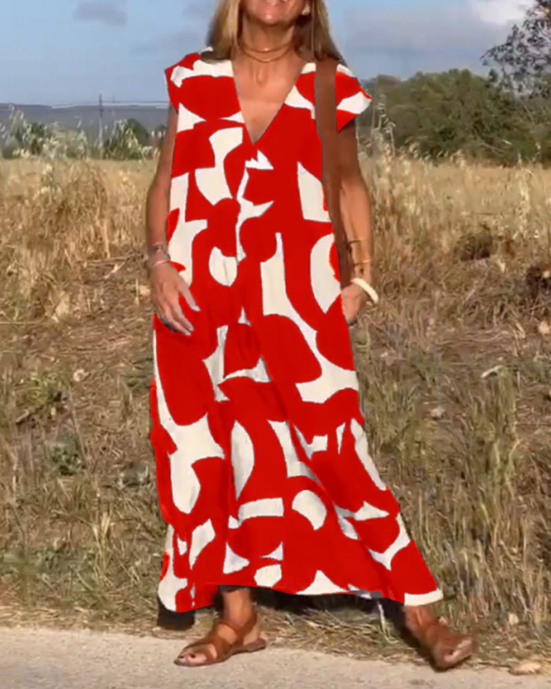 Amelia Printed V-neck Dress in red